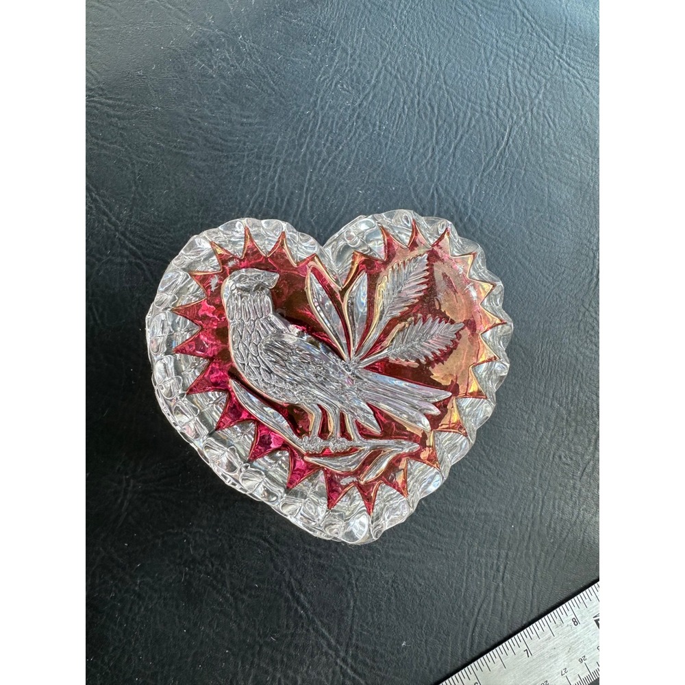 Vintage Heart Shaped Crystal Trinket Box Cranberry Red Bird Wheat Glass Dish GUC